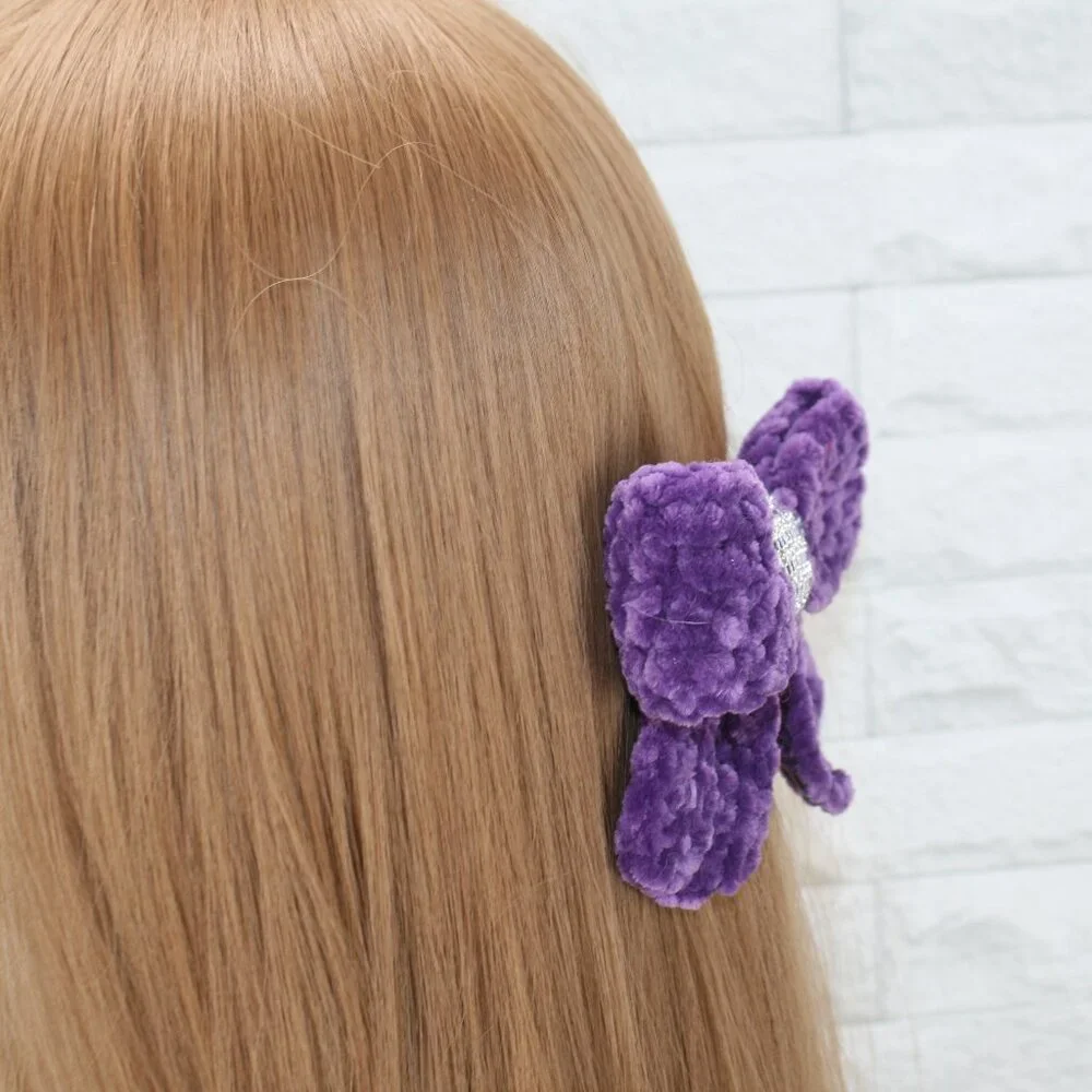 HAND CRAFTED Hair Bow Kids Crochet Chenille Velvet Hair Barrette Oversize Purple